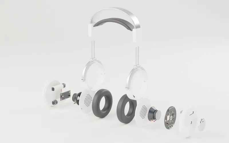 The FH01 Field Headphones taken apart: its modules spread out, internals showing
