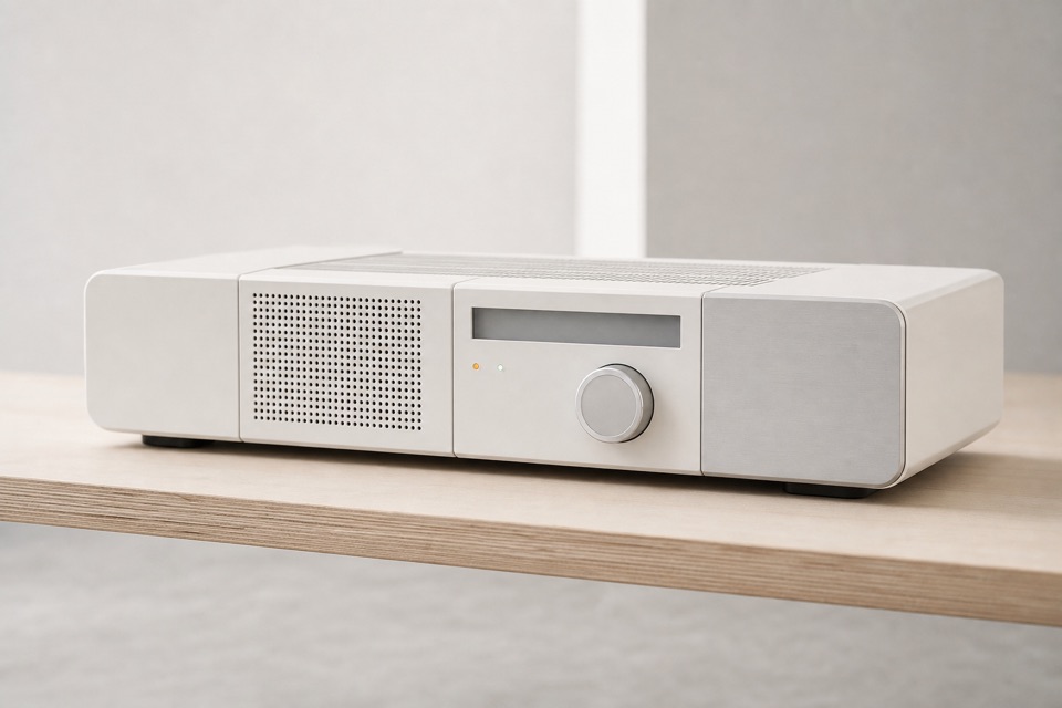 FVZL FS01 modular signal console in warm white and brushed aluminum, on a pale wood shelf