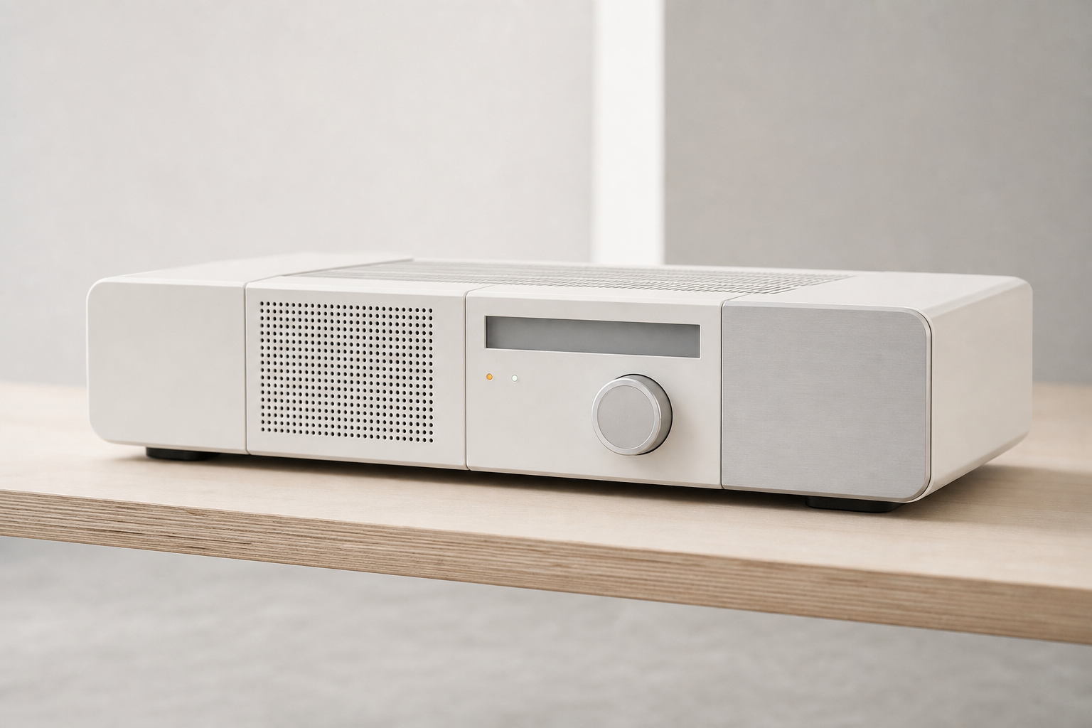 FVZL modular electronics console in warm white and brushed aluminum